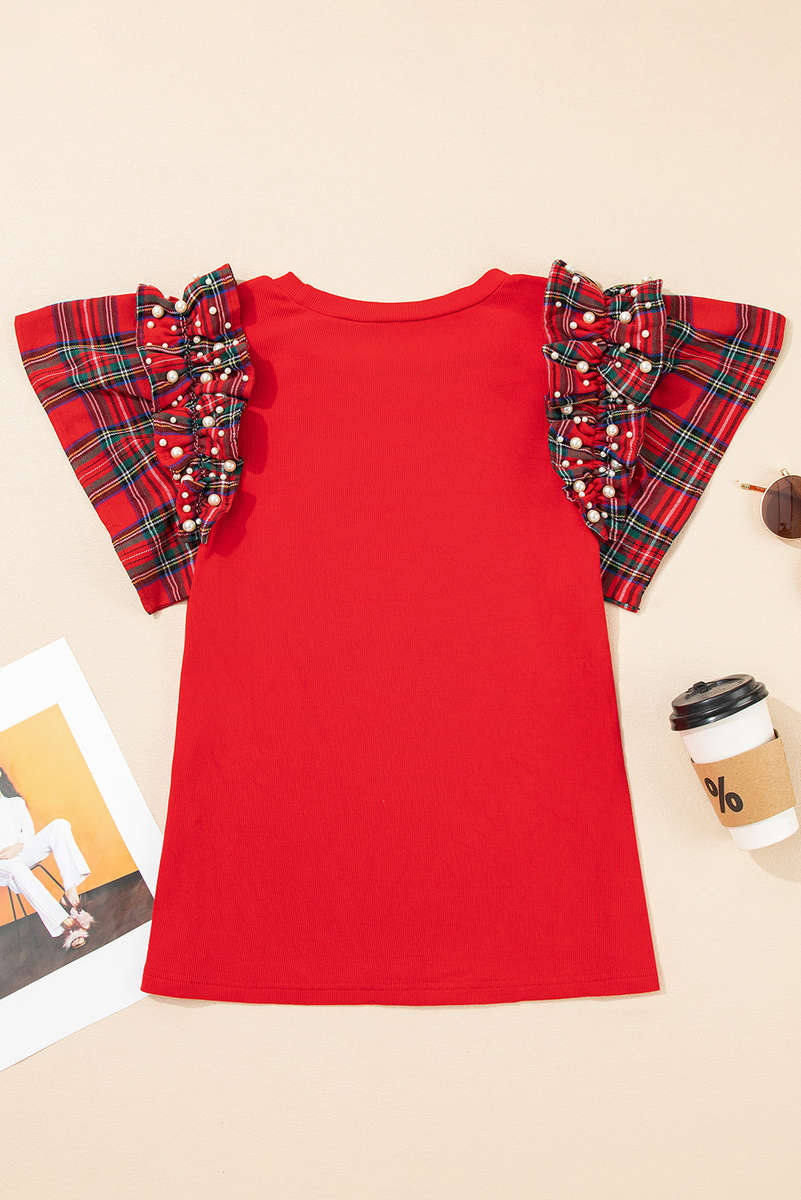 Racing Red Plaid Pearl Ruffle Short Sleeve Loose T Shirt