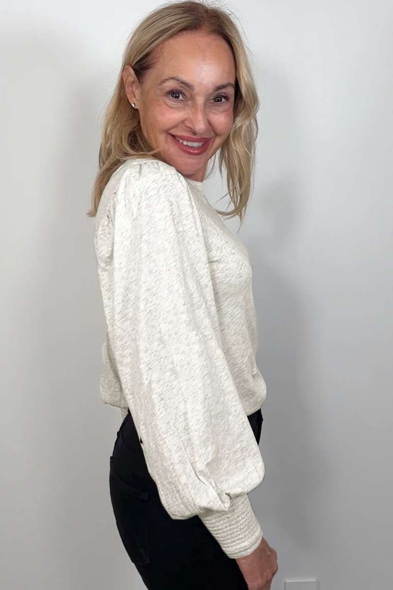 Oatmeal Shirred Cuffs Puff Sleeve Peasant Top