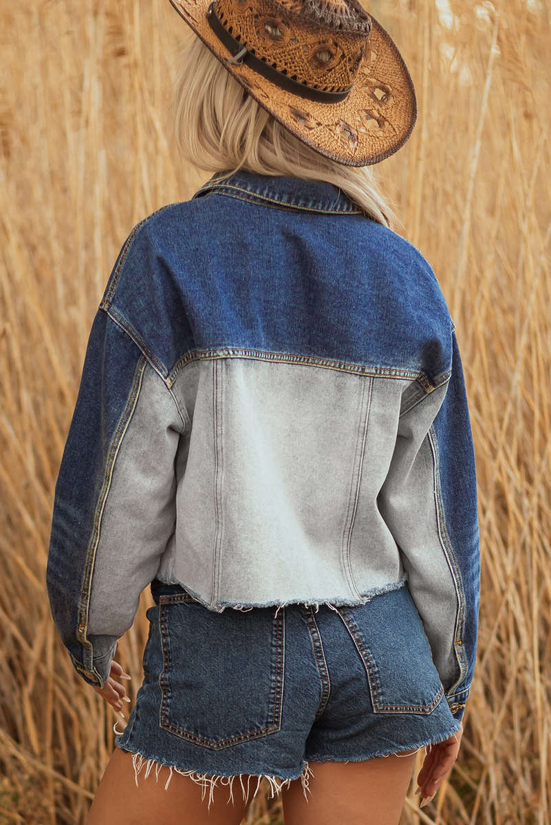 Dusk Blue Color Block Patchwork Flap Detail Distress Denim Jacket