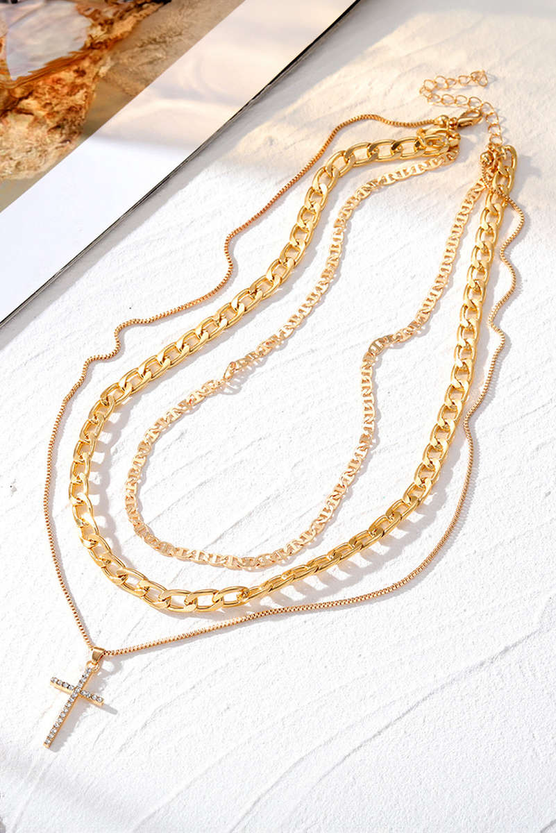 Gold Plated Cross Pendant Multi Layer Stacked Chains Necklace