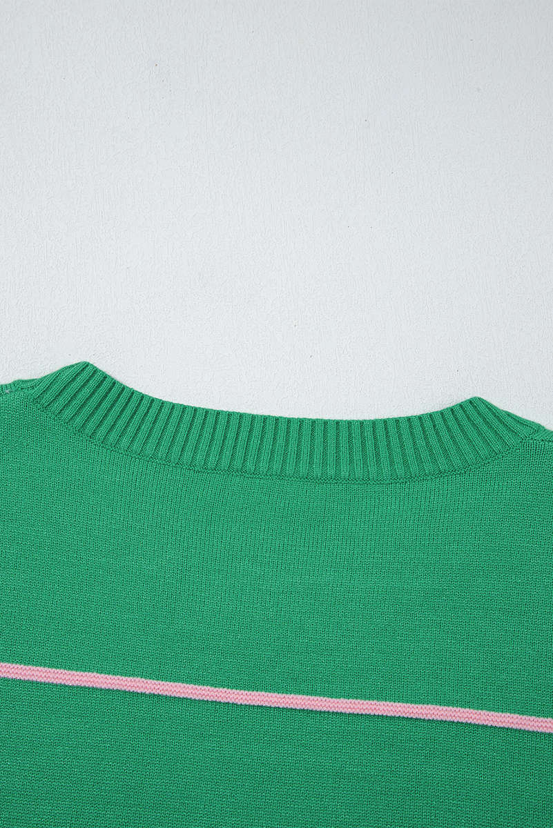 Green Colorblock Striped Half Sleeve Drop Shoulder Sweater