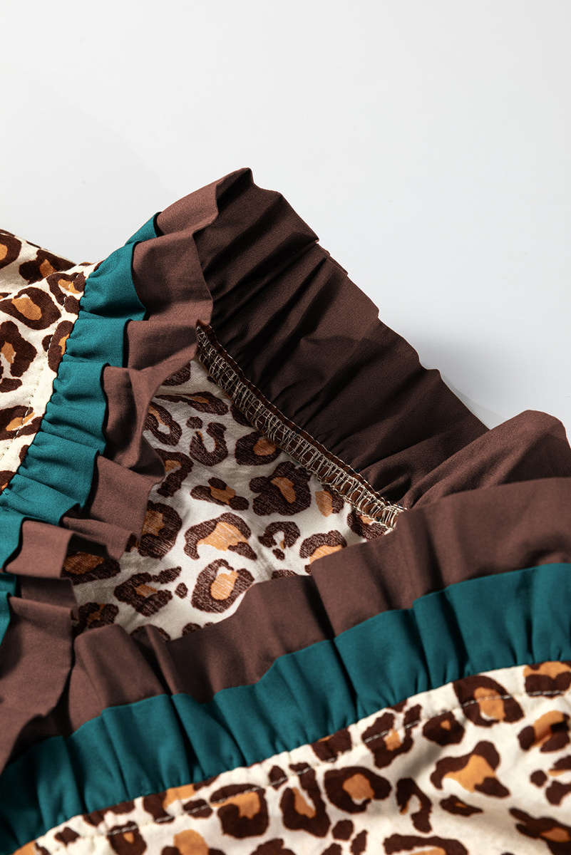 Brown Leopard Print Contrast Frilled Trim Button Down V Neck Shirt