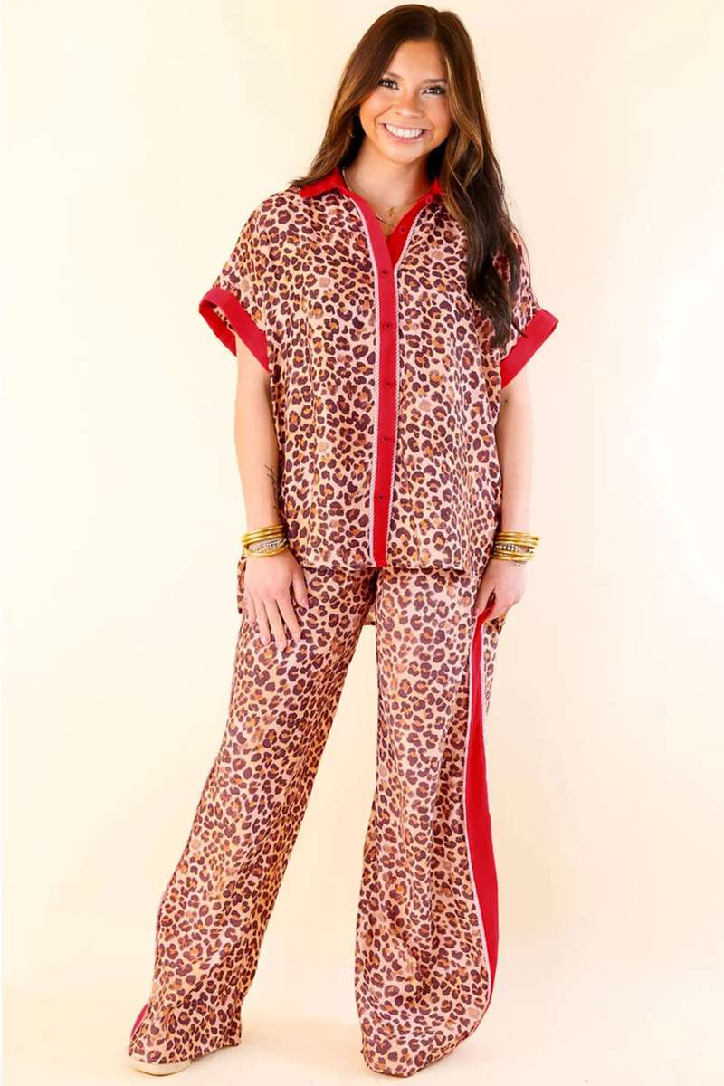 Brown Contrast Trim Leopard Top and Pant Set