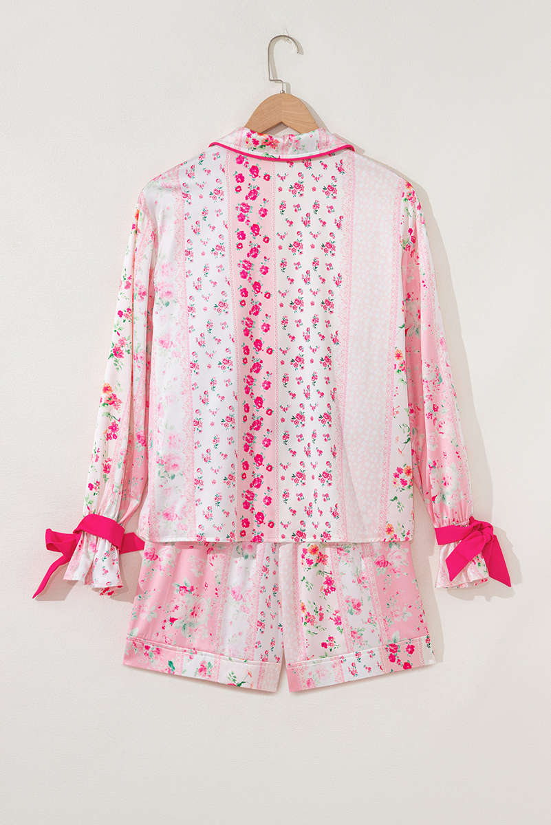 Pink Mixed Floral Print Contrast Piping Trim Satin Tie 2pcs Pajama Set