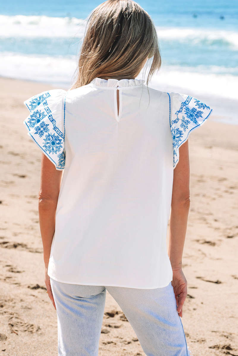 White Embroidered Ruffled Sleeve Frilled Collar Blouse