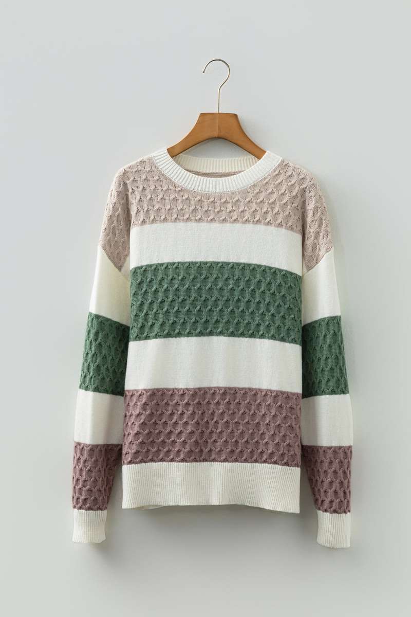 Green Mixed Texture Knit Striped Color Block Loose Sweater
