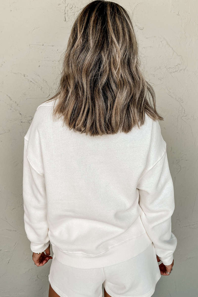 White Ribbed Collar Drop Shoulder Sweatshirt and Shorts Set