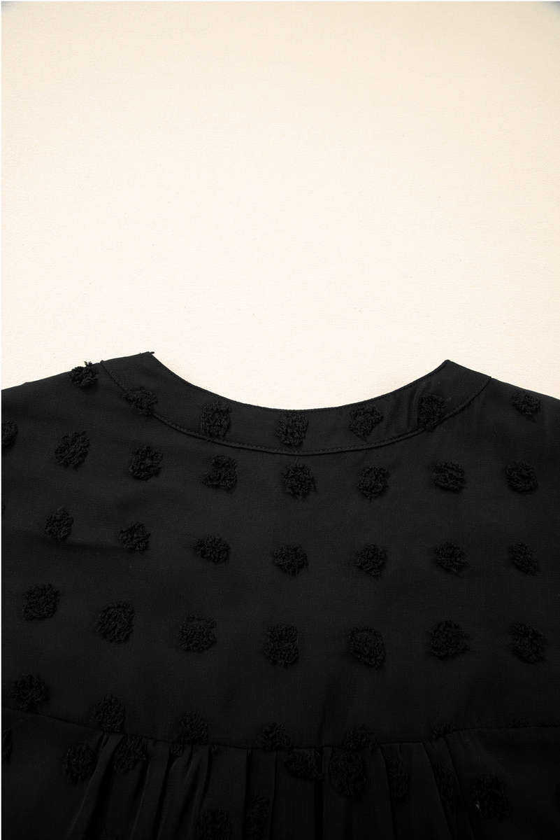 Black Dotty Textured Notched Neck Plus Ruffled Dress