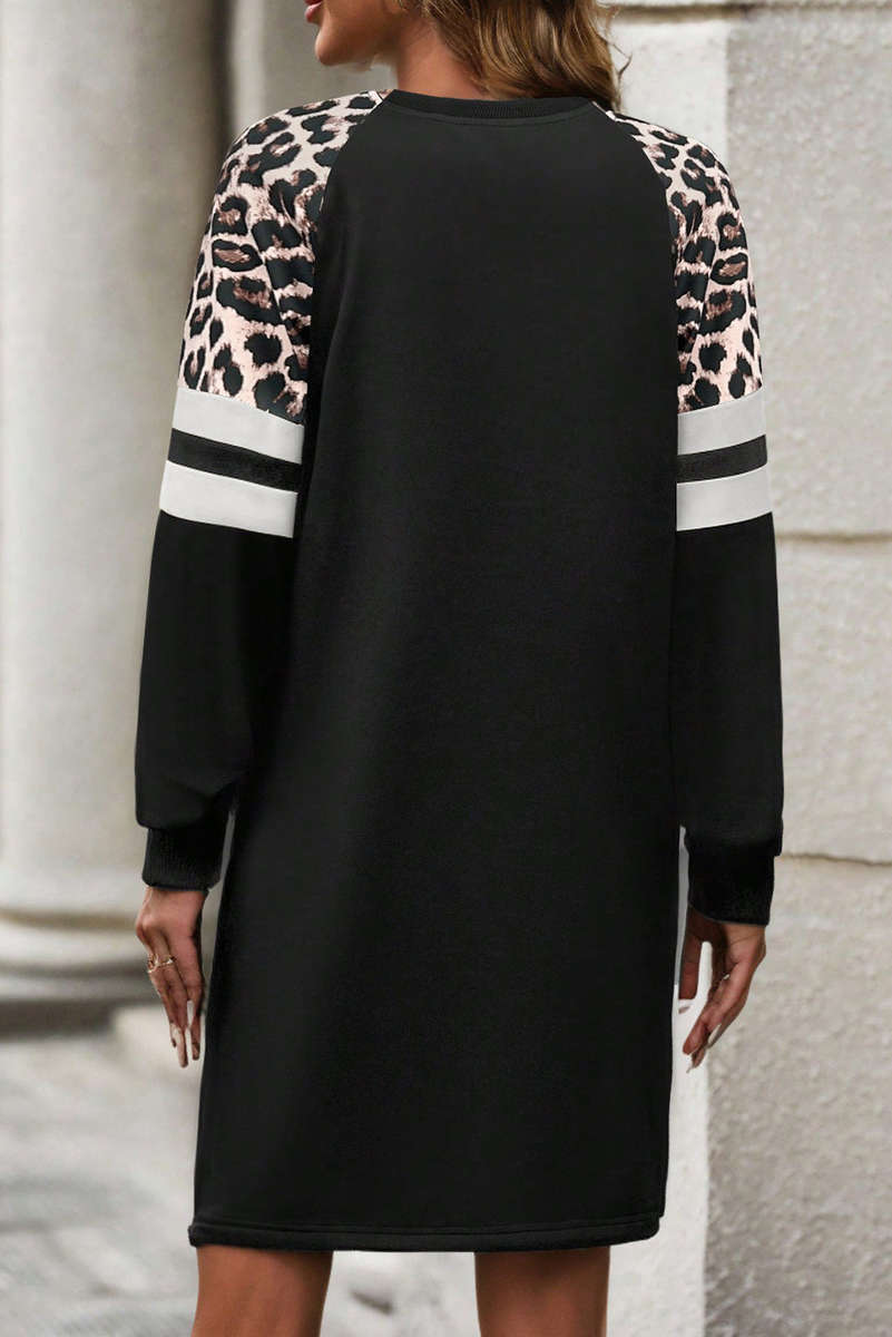Black Leopard Print Patchwork Varsity Raglan Sleeve Sweatshirt Dress