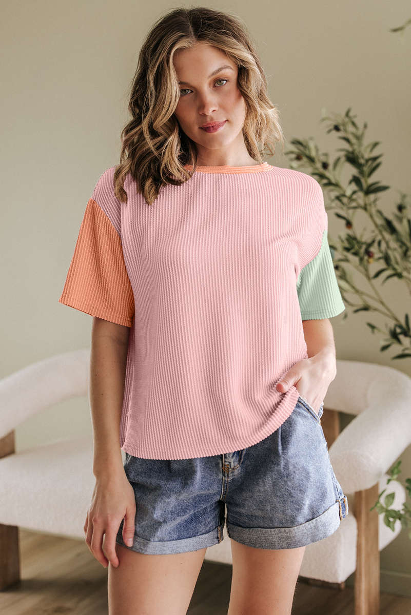Rose Red Corded Colorblock Crewneck Tee