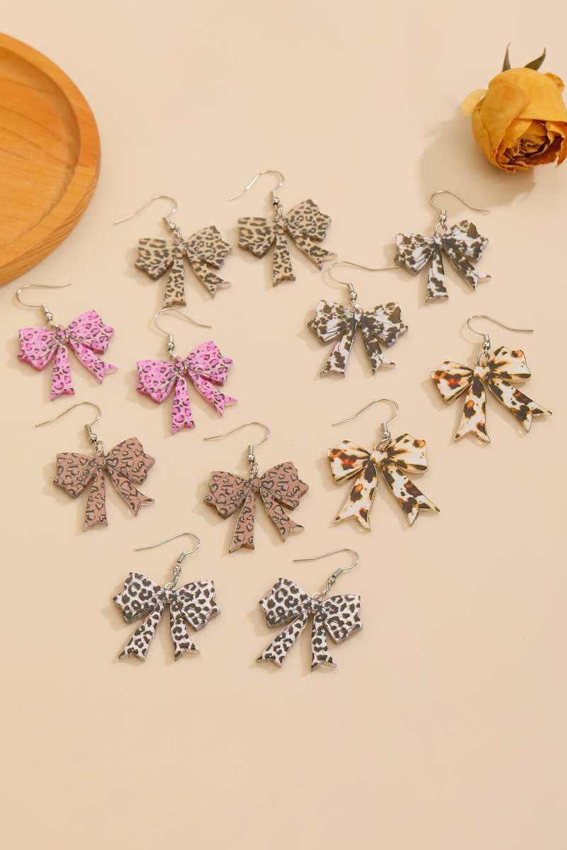 Bright Pink Stylish Leopard Printed Bow Stainless Hook Earrings