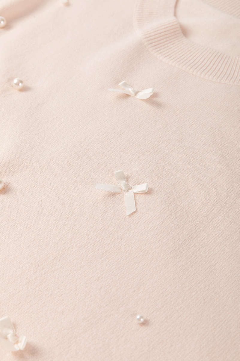 Oatmeal Pearl Bow Embellished Dolman Short Sleeve Sweater