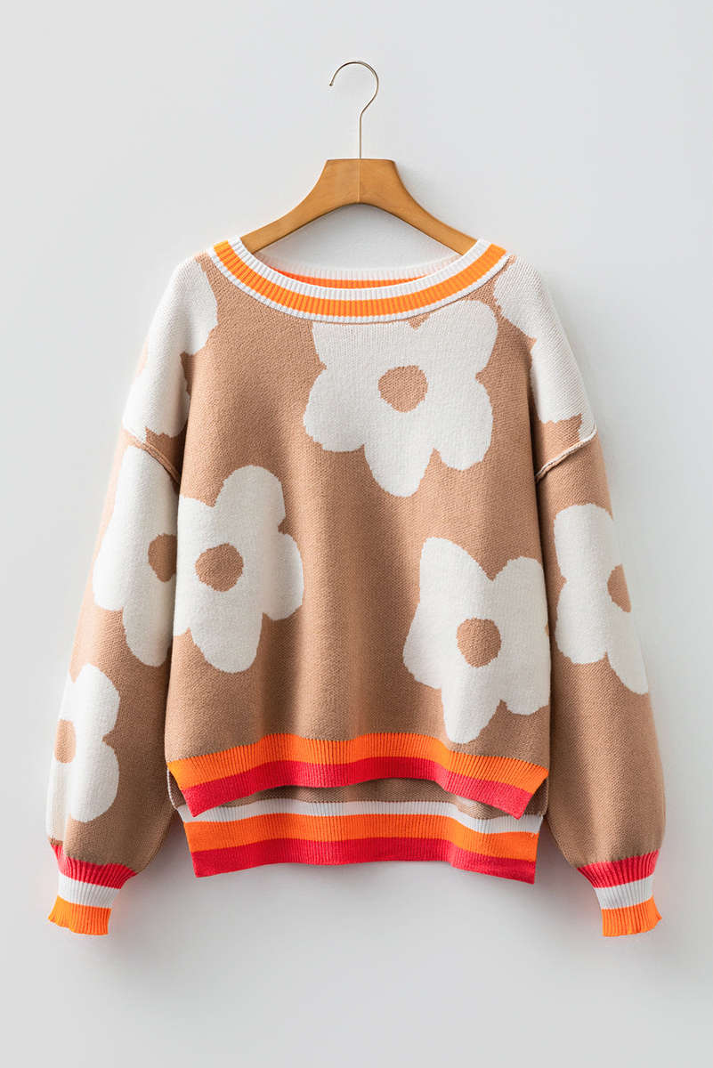 Smoke Gray Big Flower Pattern Contrast Striped Baggy Sweater