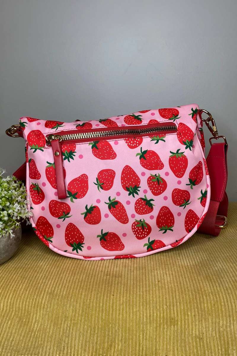 Fiery Red Pretty Checkerboard/ Strawberry Printed Canvas Double Zip Crossbody Bag