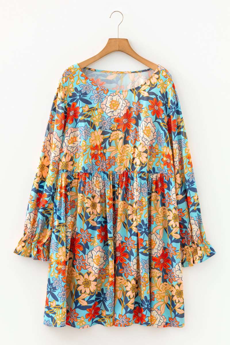 Blue Plus Size Floral Ruffled Long Sleeve Flowy Mini Dress
