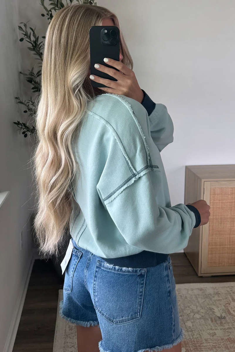 Iceland Blue Contrast Edge Colorblock Patchwork Crop Sweatshirt