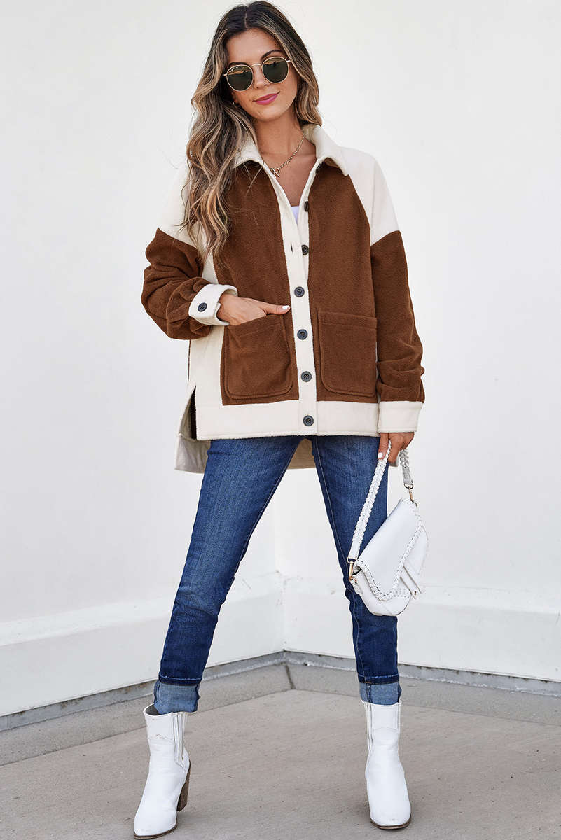 Brown Color Block Patchwork Button Down Fleece Shacket