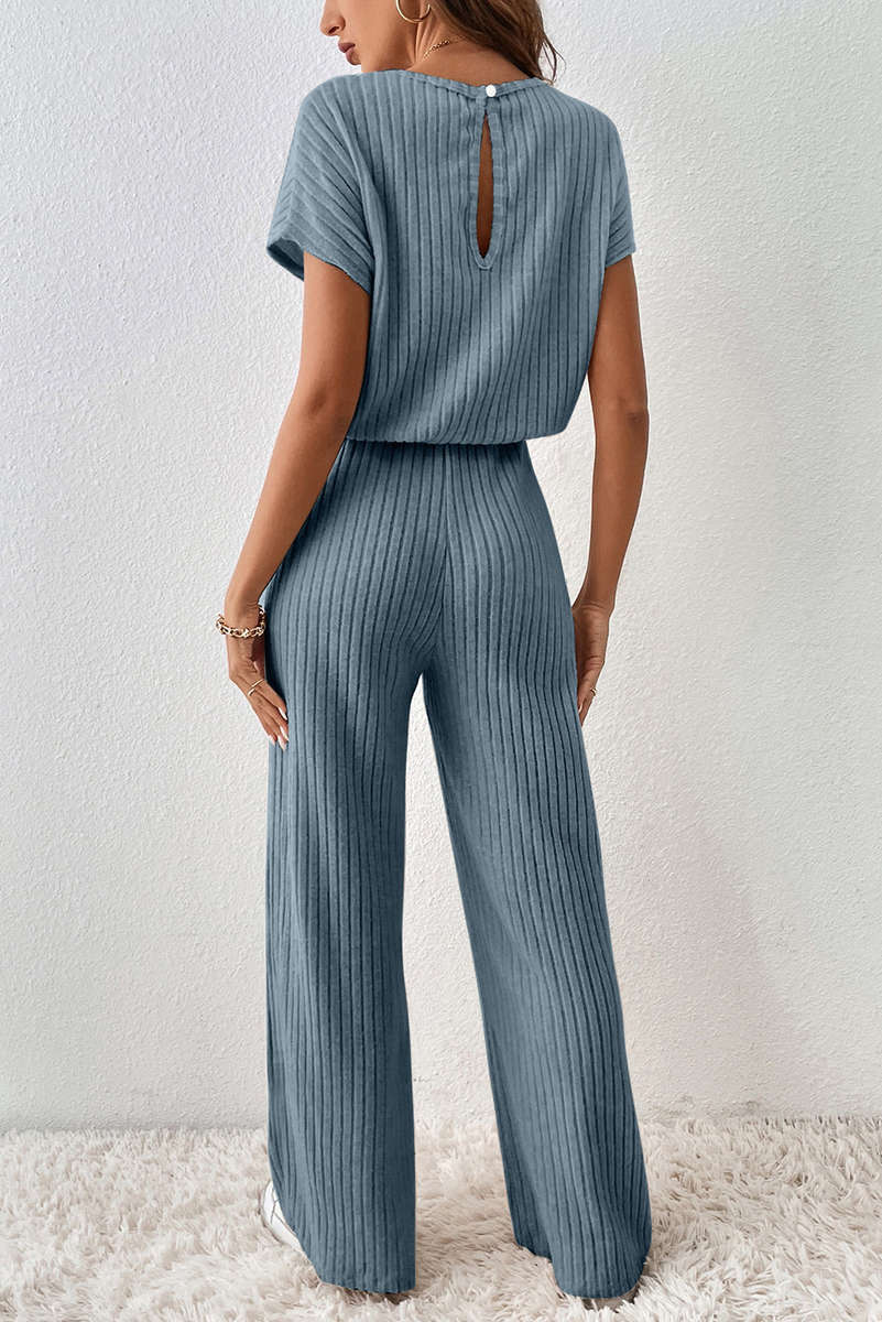 Dusk Blue Ribbed Keyhole Short Sleeve Wide Leg Jumpsuit