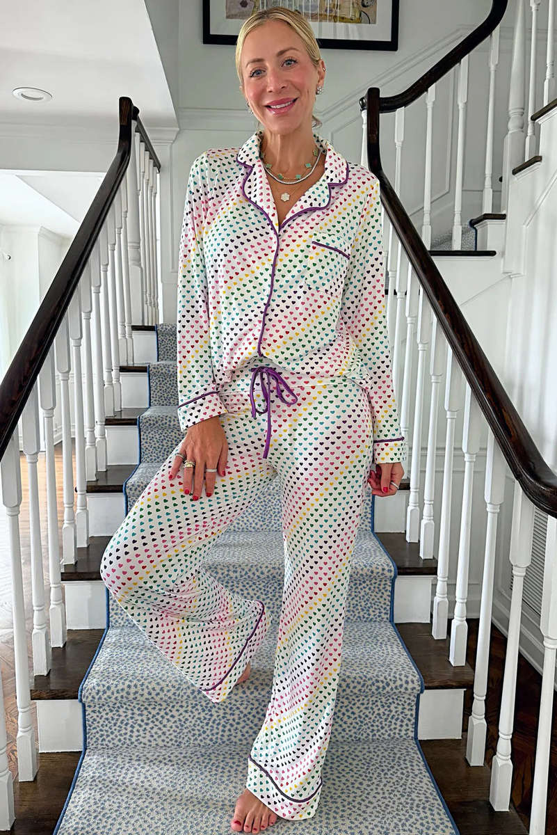 White Pride Heart Print Valentines Long 2pcs Pajama Set