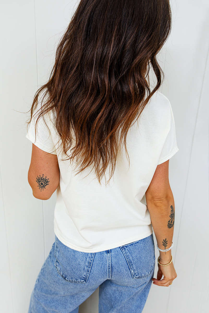 White Leopard Bow Embroidered Cotton Round Neck T Shirt