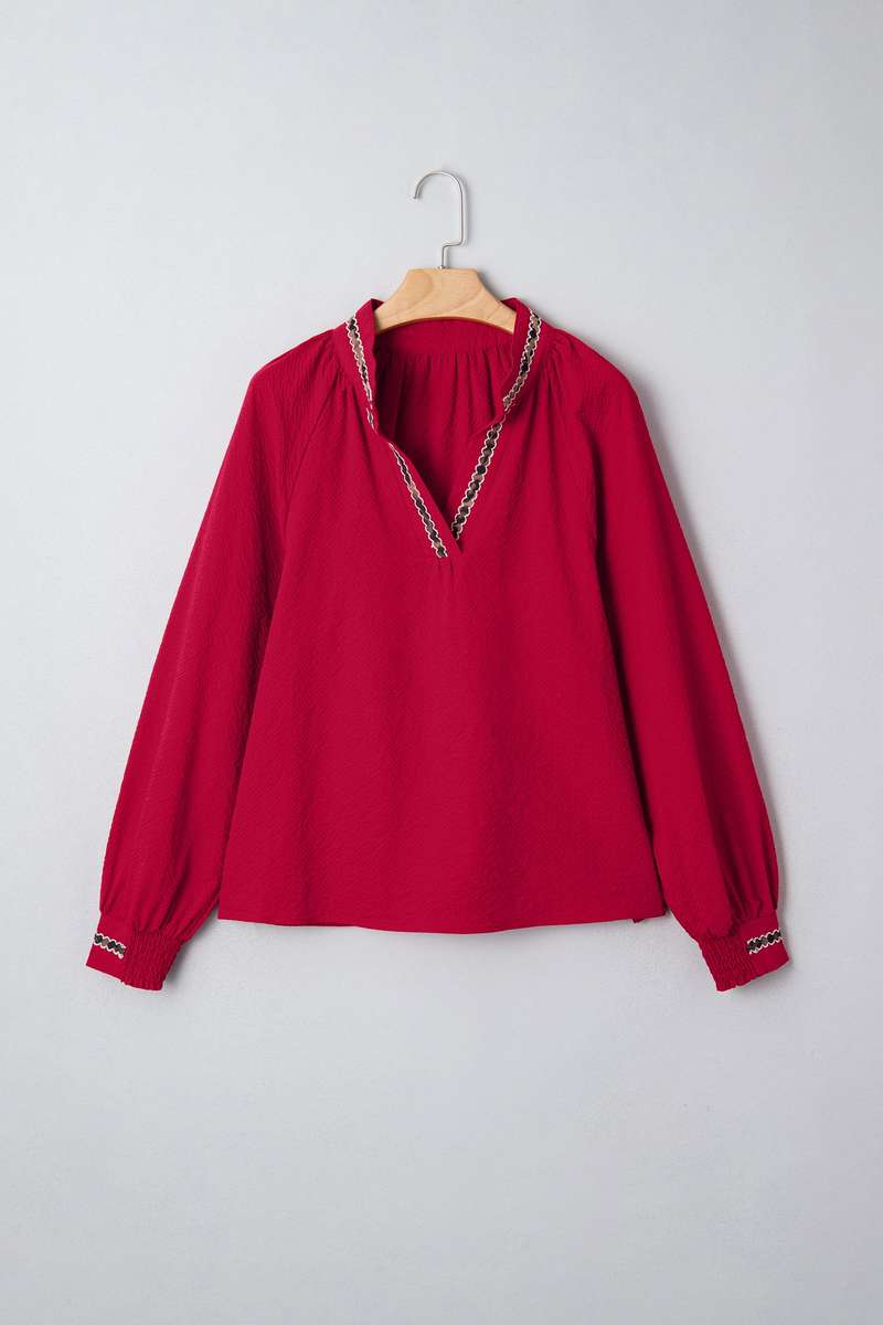 Racing Red Leopard Jacquard Print V Neck Textured Blouse