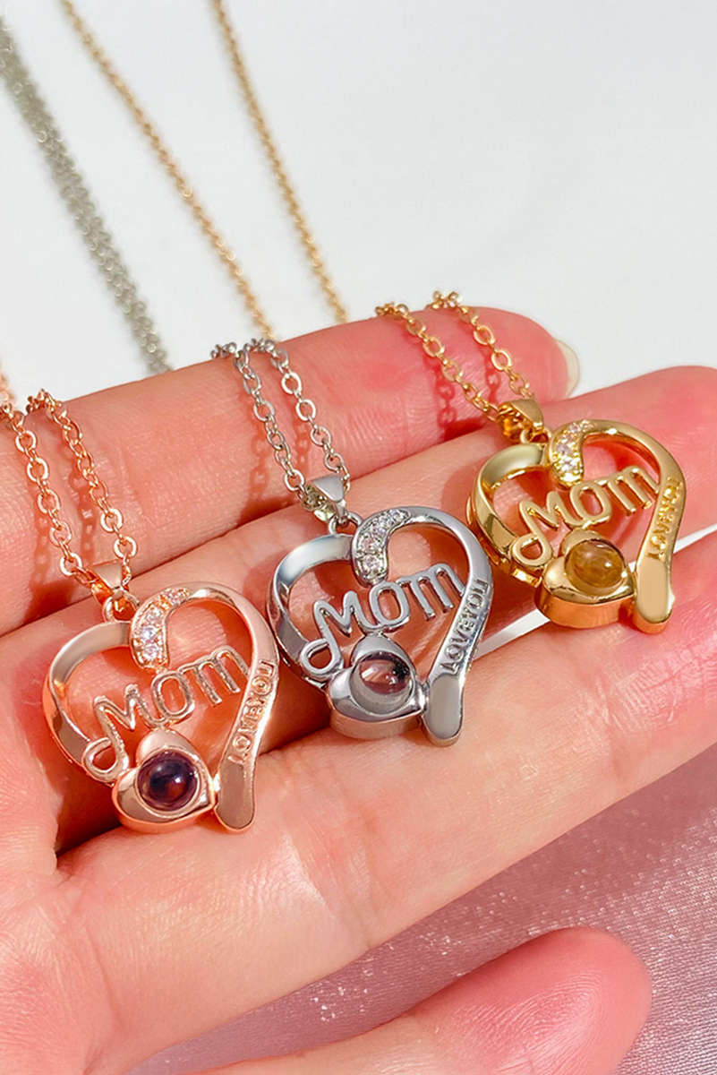 Gold Mom Heart Shape Crystal Decor Alloy Pendant Necklace