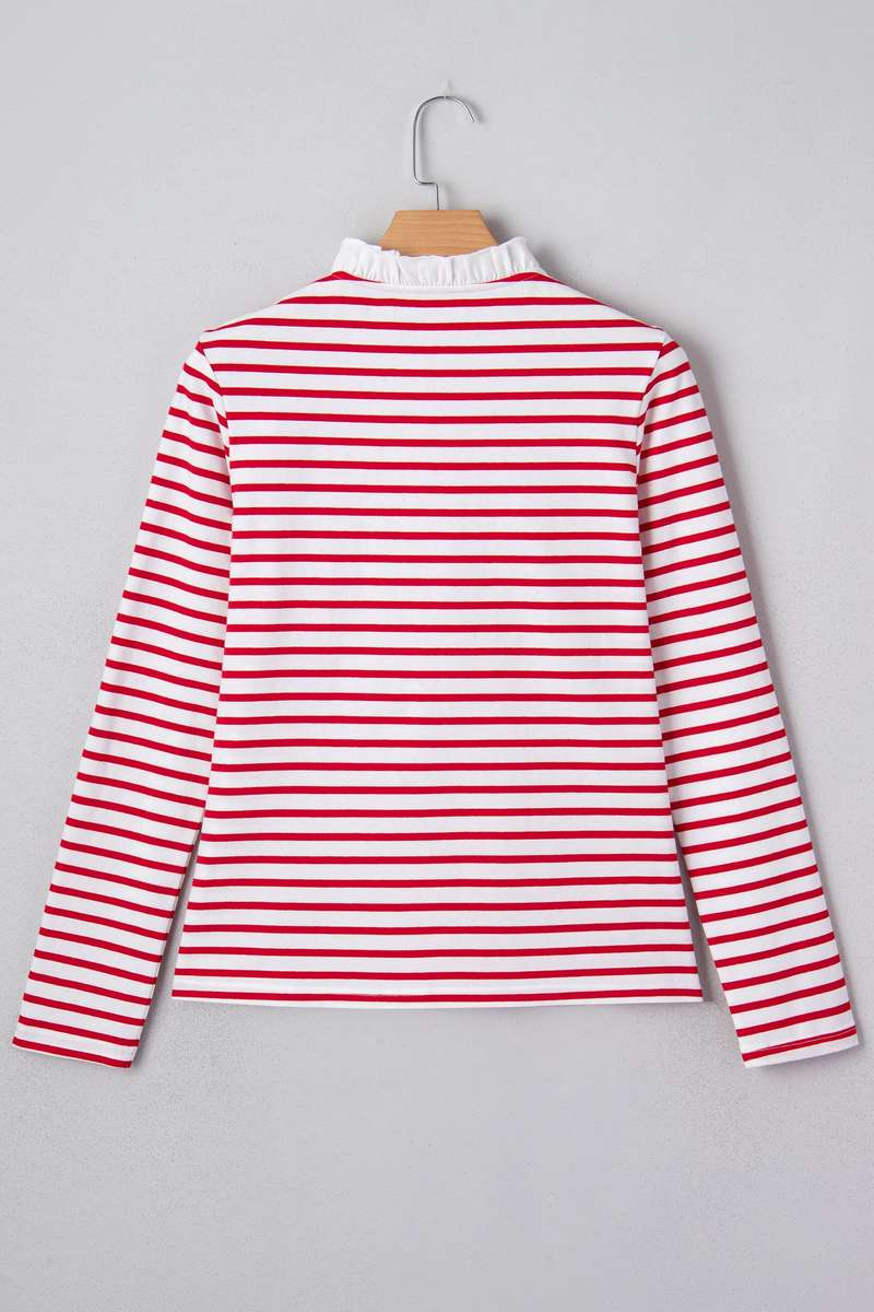 Red Stripe Contrast Frilled Trim Half Button Long Sleeve Top