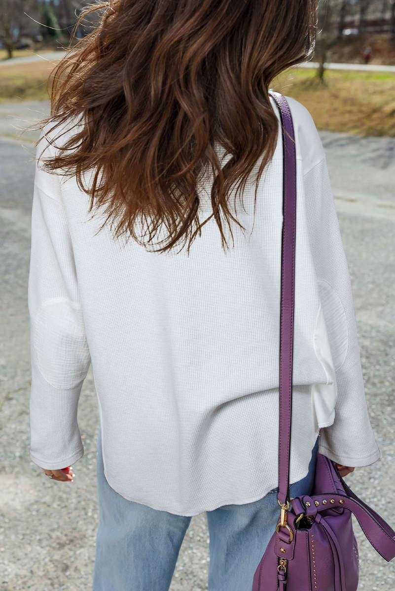 White Solid Color Waffle Ribbed Patchwork Dolman Sleeve Oversize Knit Top