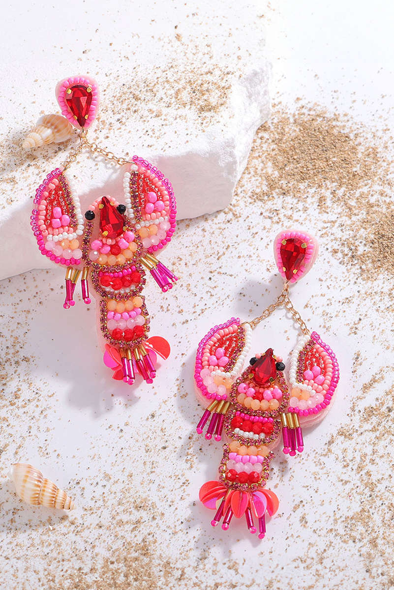 Rose Red Crystal Gem Beaded Crayfish Earrings