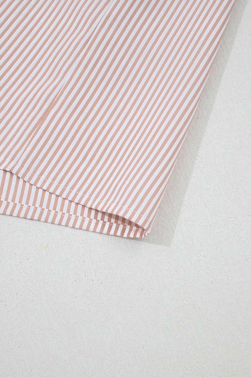 Khaki Stripe Color Block Patchwork Detail Frilled Collar Button Down Shirt