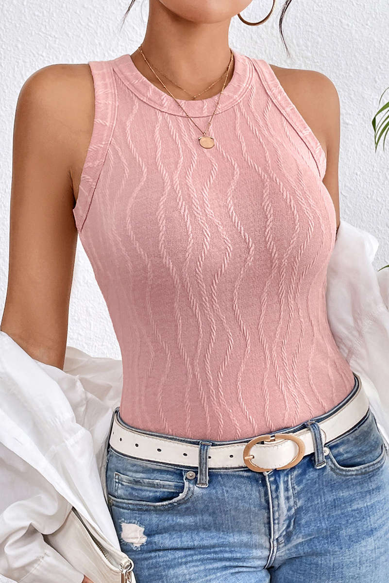 Gossamer Pink Solid Color Textured Wavy Slim Fit Tank Top