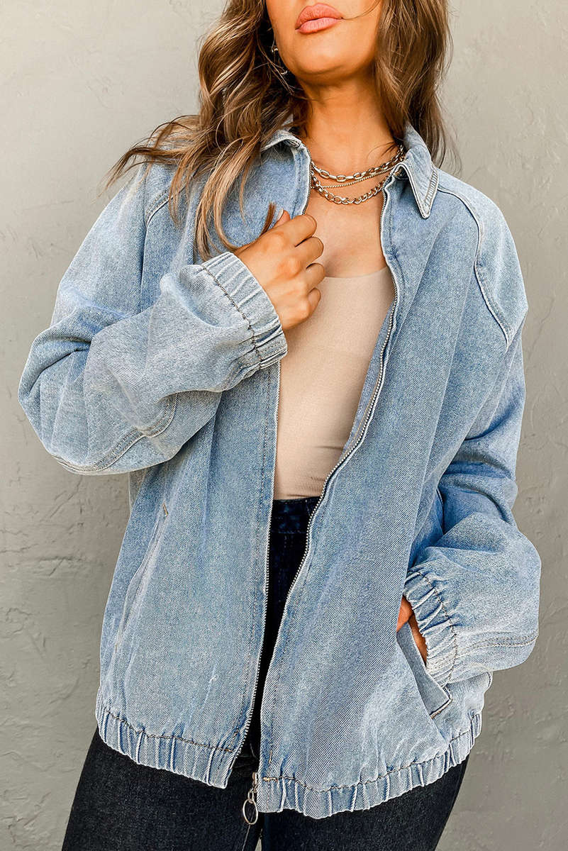 Myosotis Elastic Edge Collared Zip Up Denim Jacket With Pocket