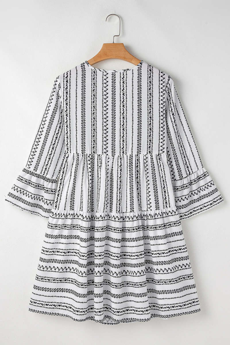 Black Stripe V Neck Bell Sleeve High Waist Mini Dress