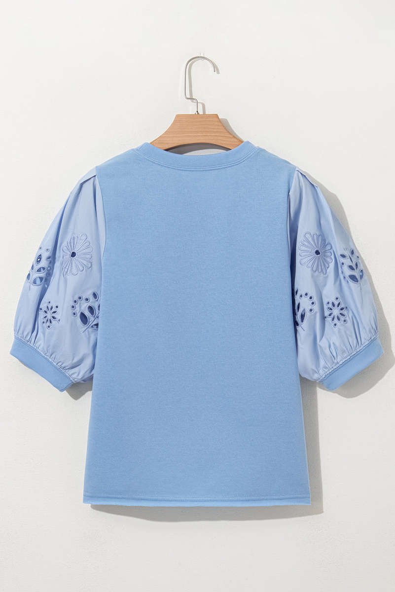 Beau Blue Eyelet Flower Embroidered Puff Short Sleeve Patchwork Crew Neck Blouse