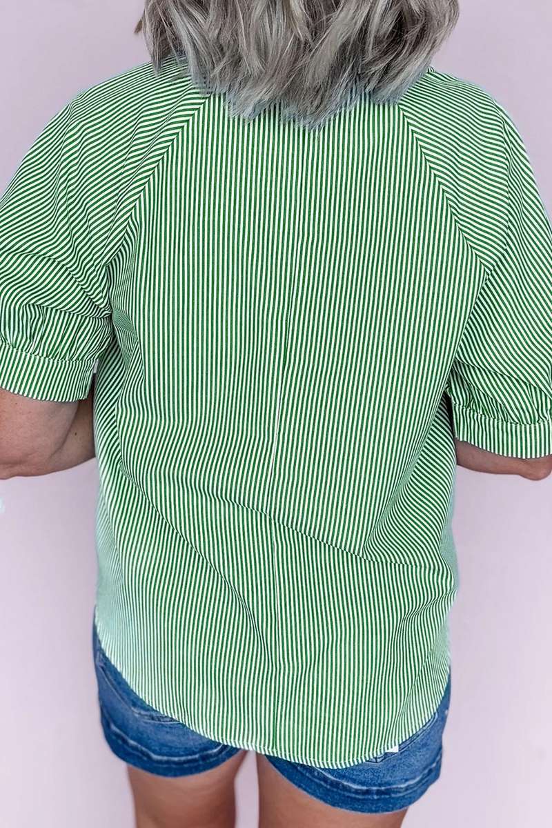 Mint Green Striped Print Collared Split Neck Half Sleeve Blouse