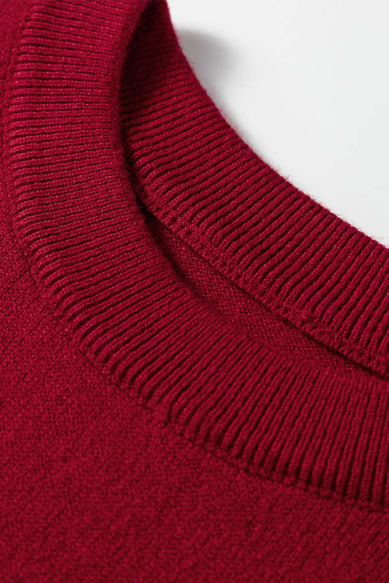 Racing Red Solid Color Crew Neck Knit Cap Sleeve Sweater