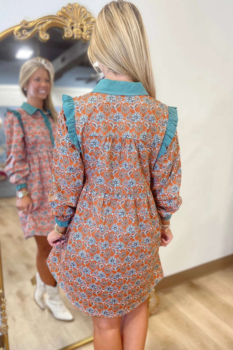 Orange Boho Floral Contrast Collared Shirt Mini Dress