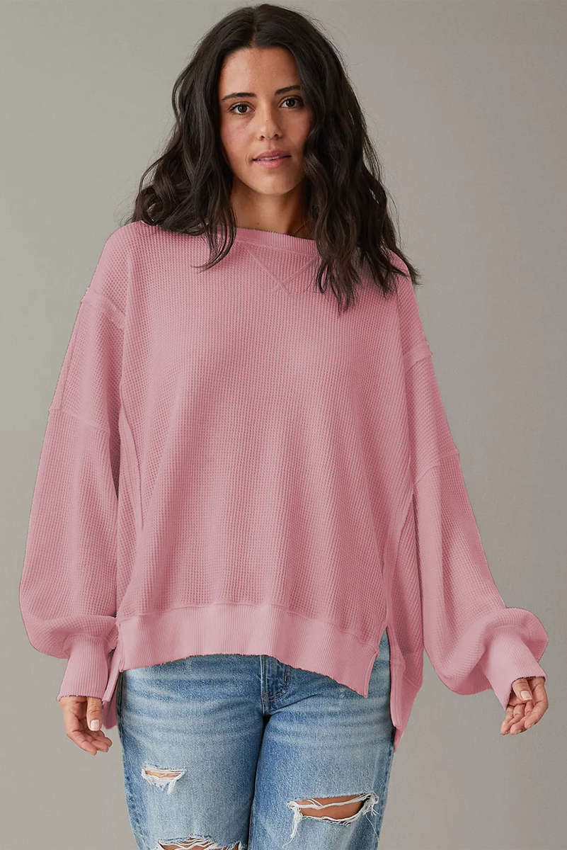 Pink Waffle knit Bishop Sleeve Split Oversized Top