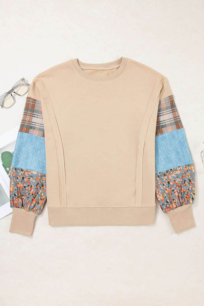 Smoke Gray Plaid Colorblock Patchwork Sleeve Raw Seam Sweatshirt