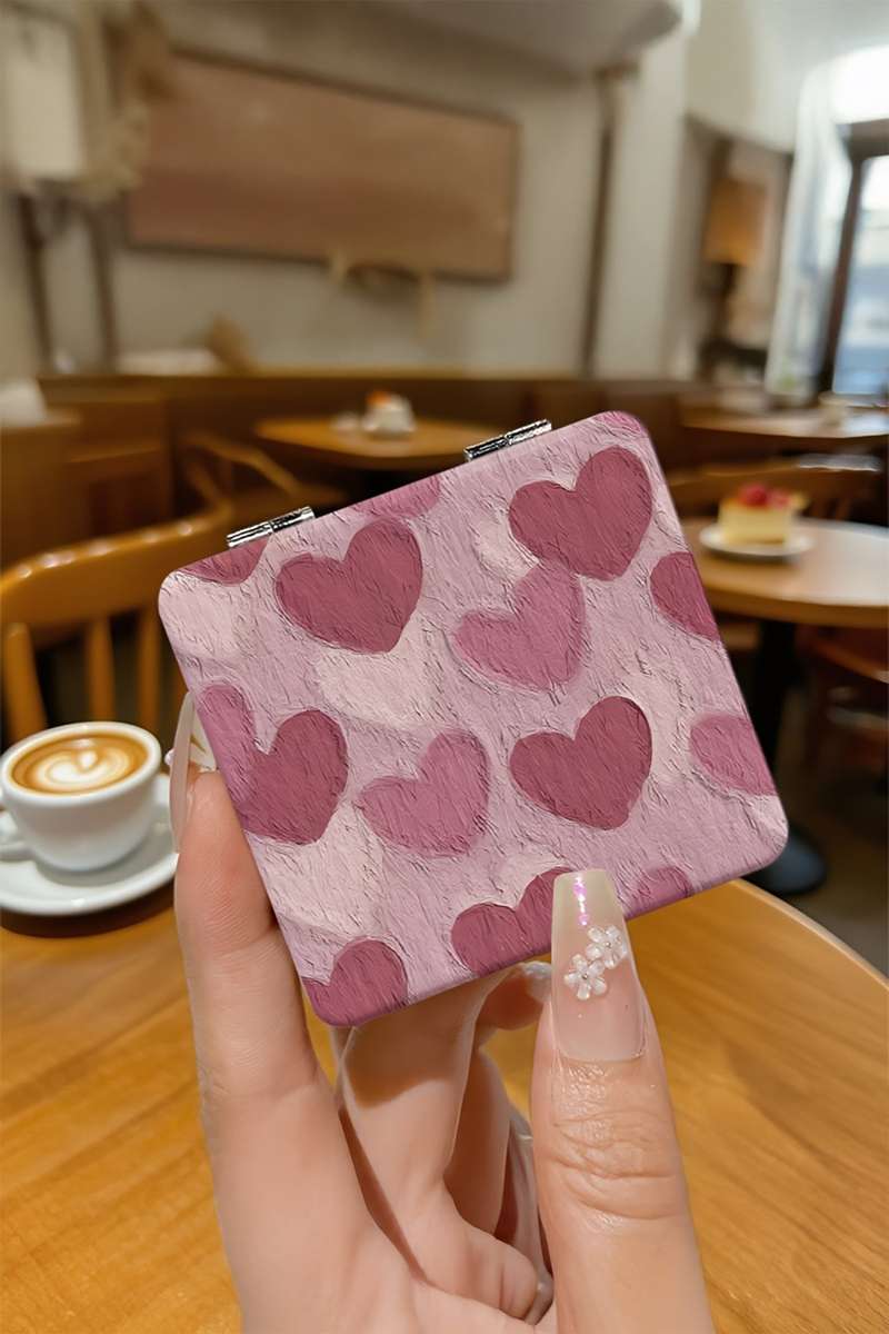 Light Pink Heart Printed Double-Sided Folding Portable Square Mini Mirror