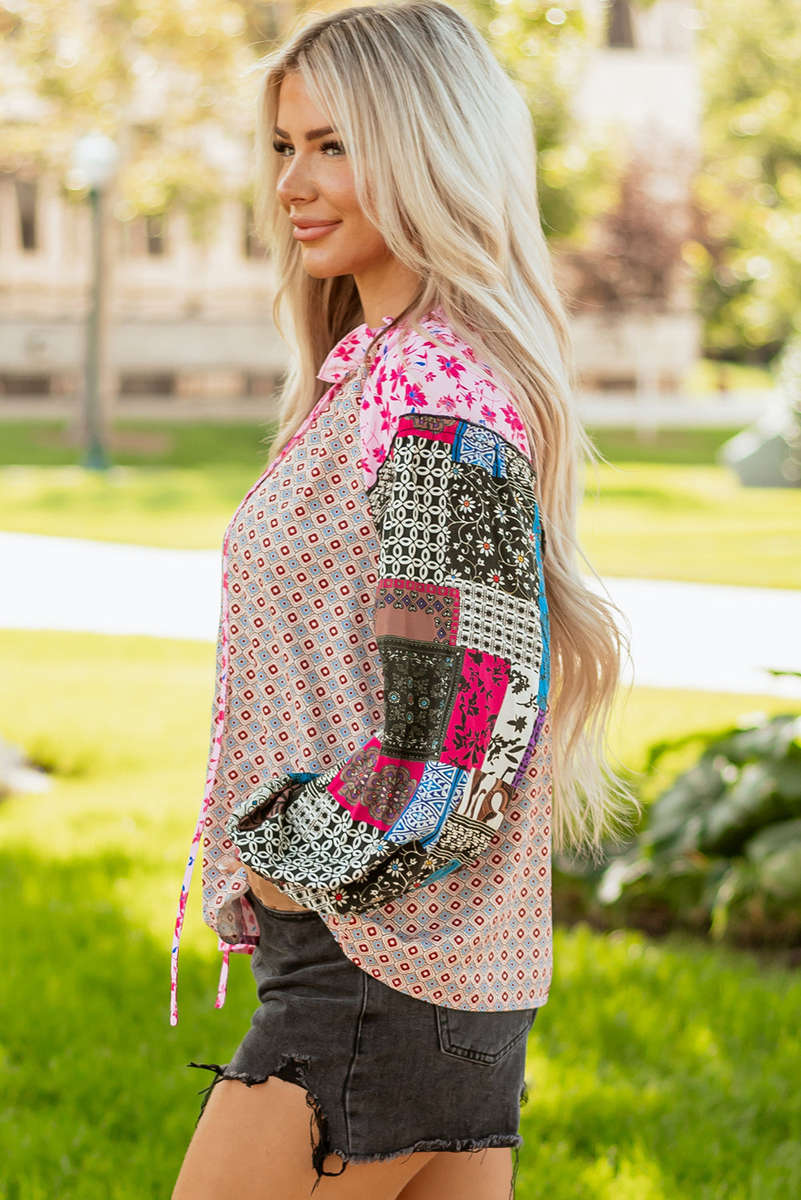 Pink Boho Mixed Floral Drop Shoulder Bubble Sleeve Blouse