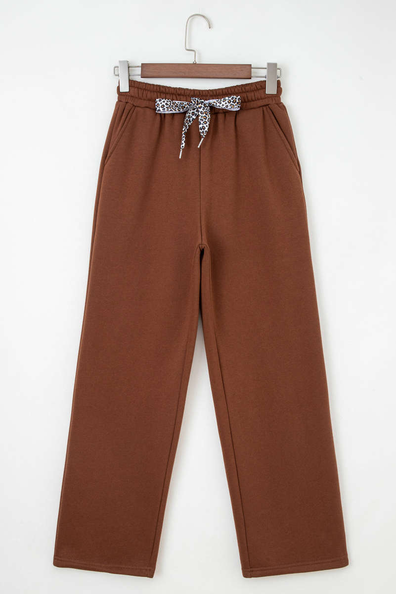 Coffee Fleece Lined Leopard Drawstring Elastic Waist Solid Pants