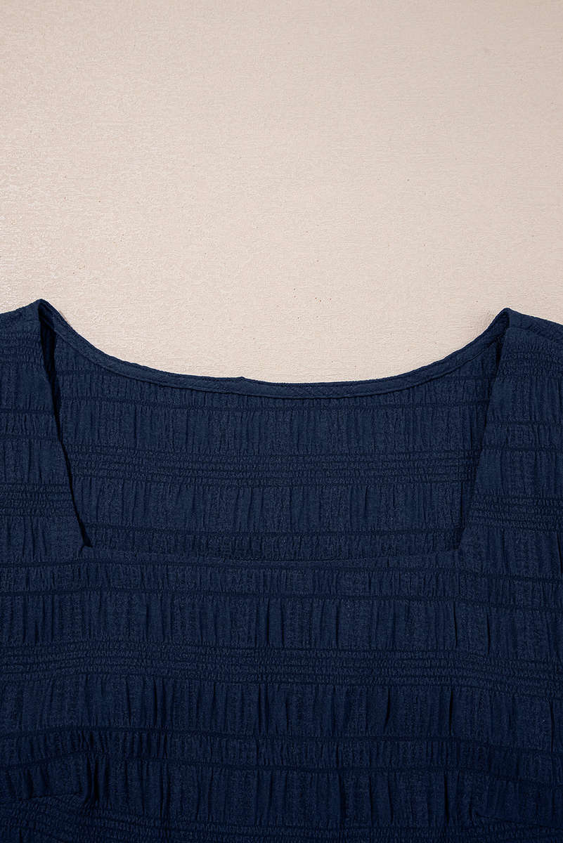 Dirty blue Textured Square Neck Top and Shirred High Waist Shorts Set