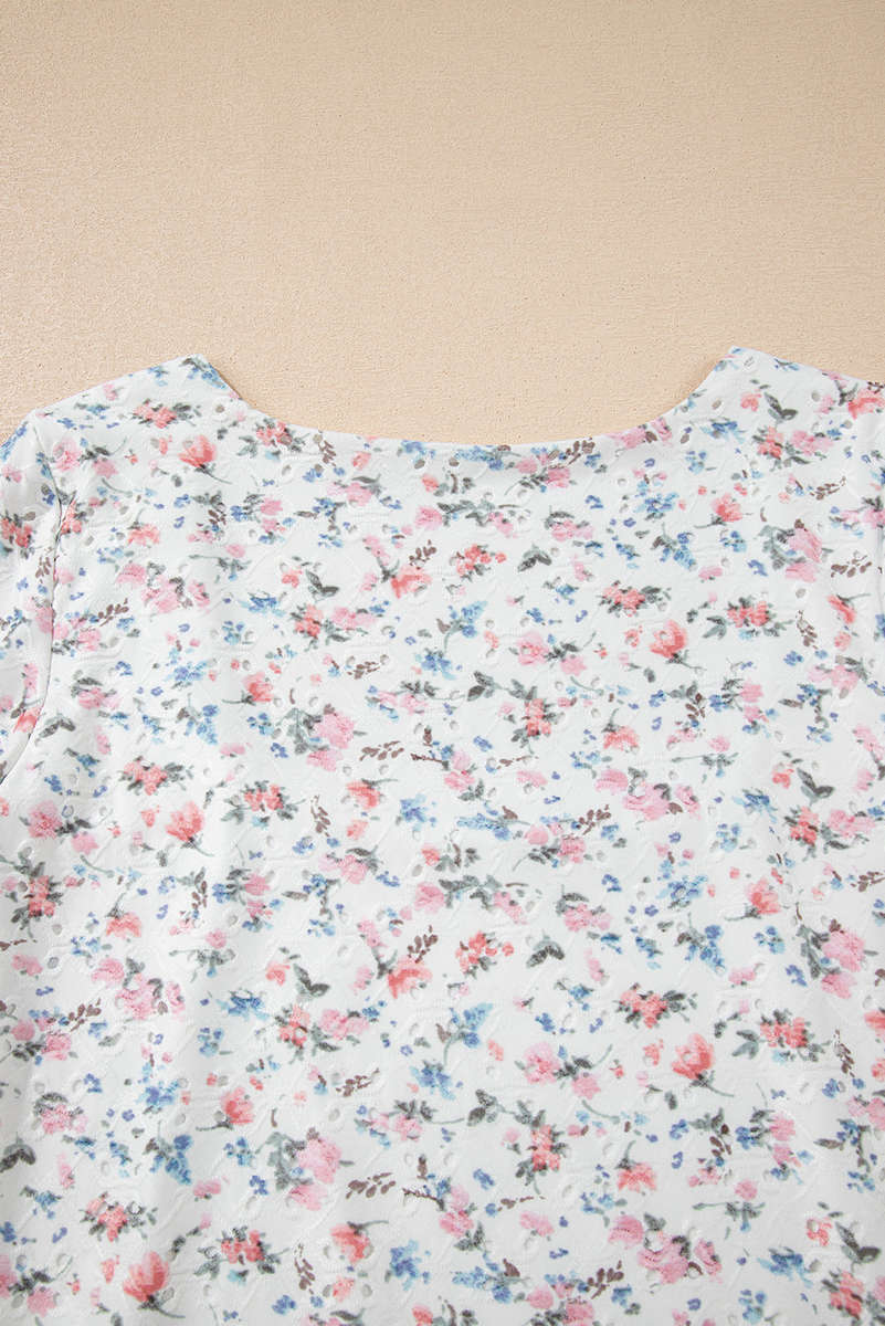 White Floral Print Textured Square Neck Slim Fit Long Sleeve Top