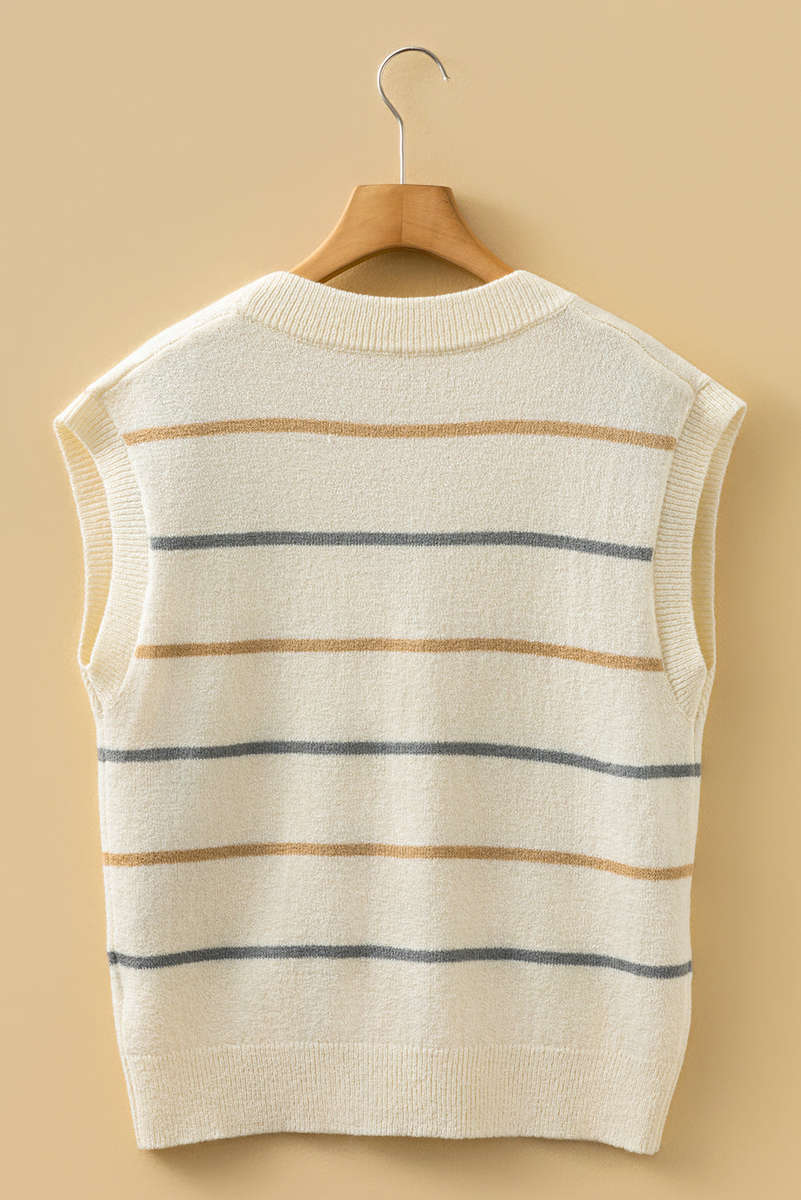 Multicolour Striped Print Button V Neck Sweater Vest