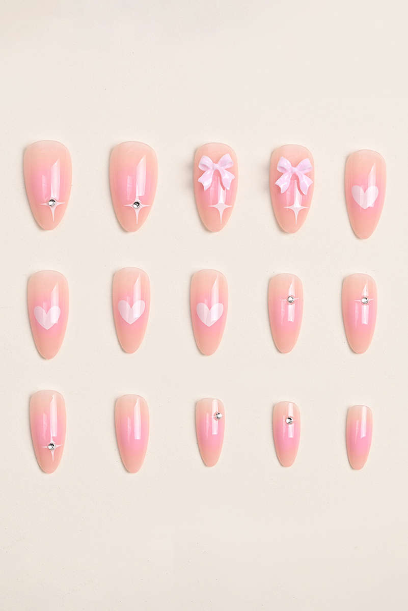 Pink Heart Print Bow Rhinestone Decor Almond Shape False Nail