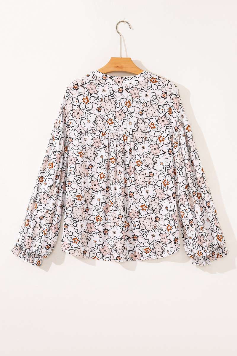 Khaki Bold Floral Print Frilled Puff Sleeve Button Down Shirt