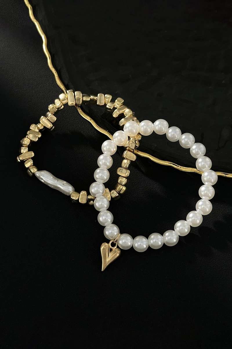 Gold Plated Irregular Bead Pearl Contrast Heart Decor 2pcs Bracelet Set