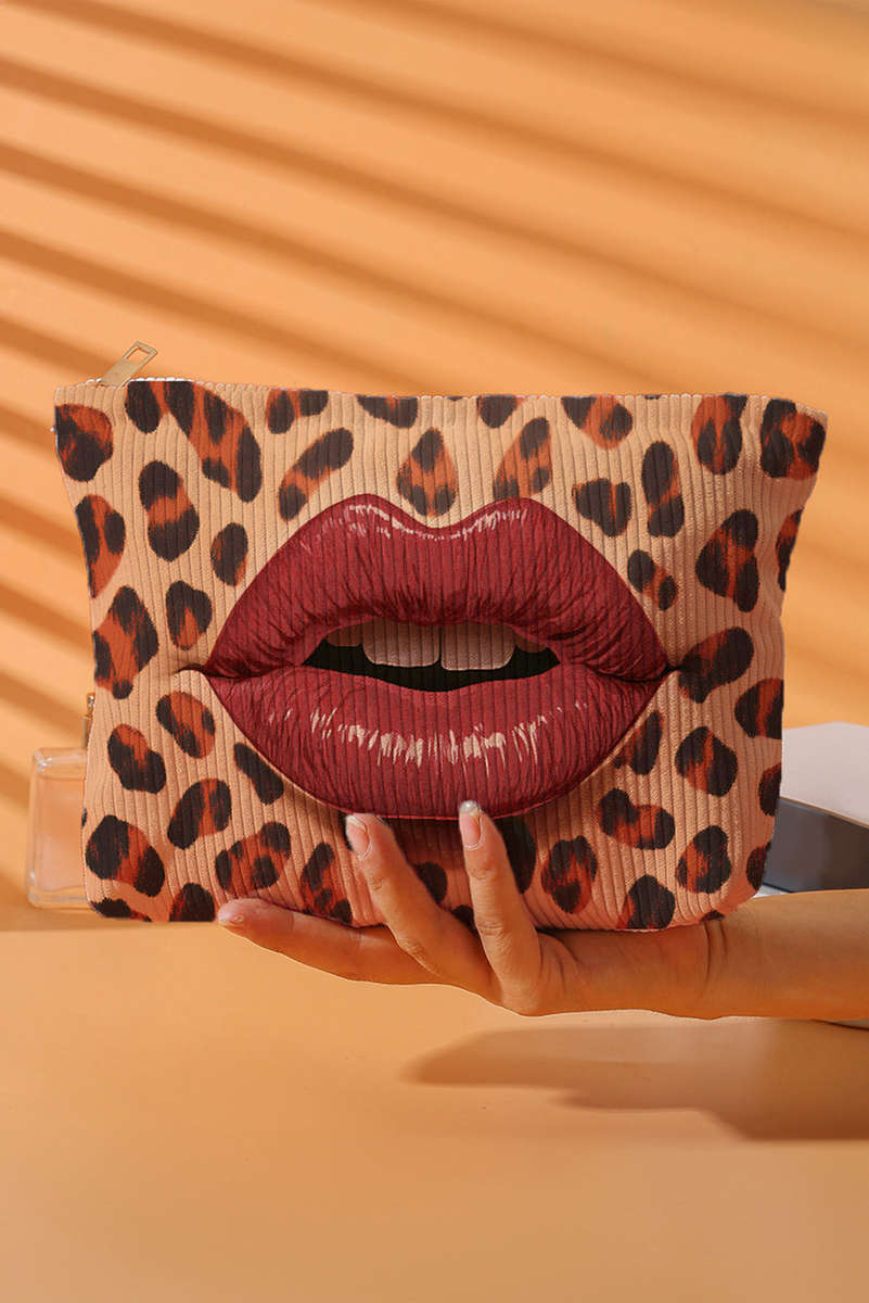 Brown Leopard Lip Shape Print Canvas Functional Makeup Bag