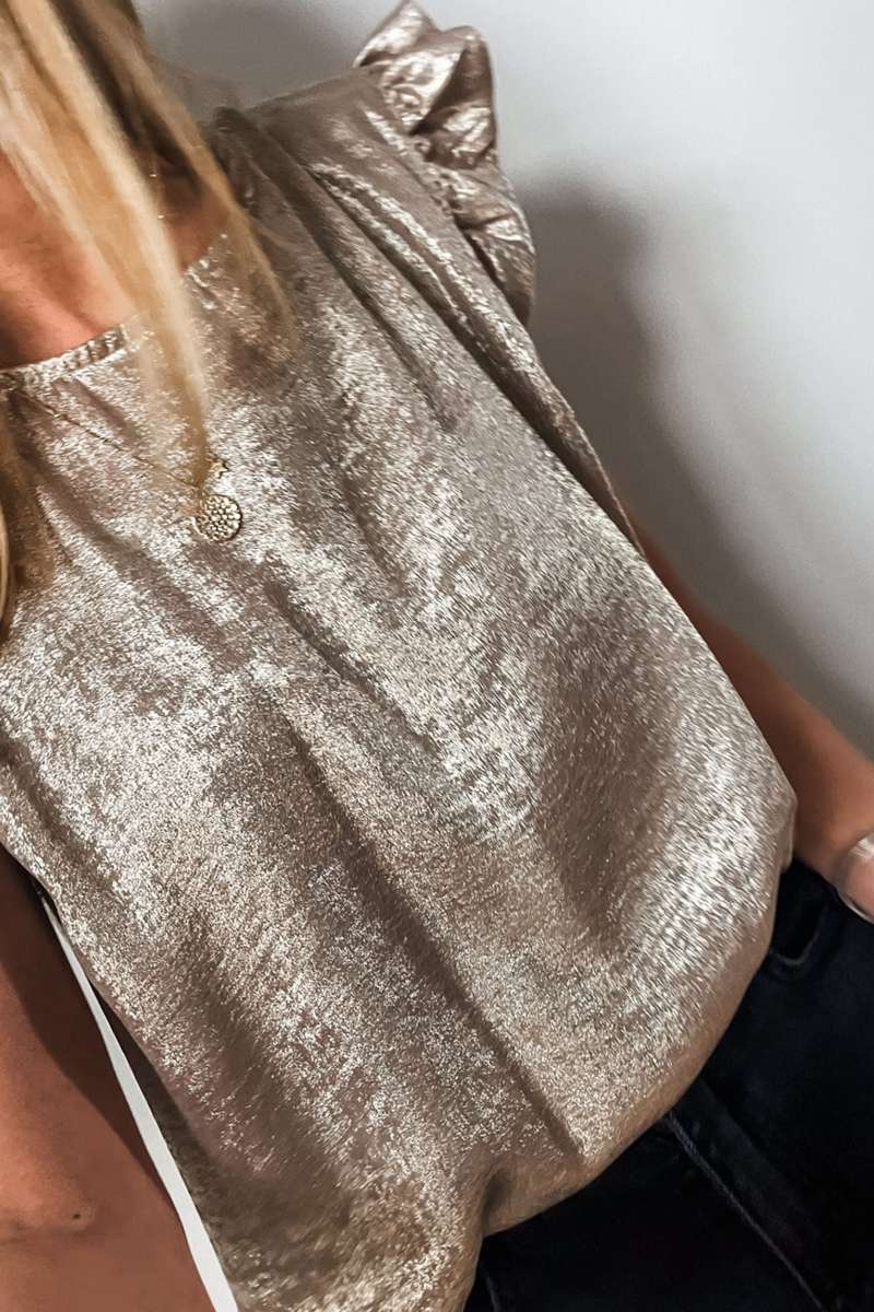 Gold Metallic Round Neck Ruffle Trim Sleeveless Top